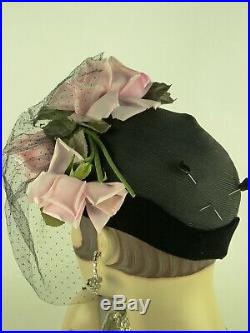 VINTAGE HAT 1940s LILLY DACHE, BLACK HIGH FRONT HAT, PINK ROSES, VEIL & HAT PINS