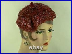 VINTAGE HAT 1940s LILLY DACHE, SUPERB RED JULIETTE COCKTAIL CAP w GLASS BEADING