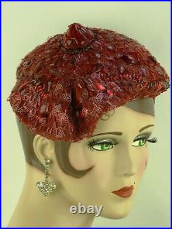 VINTAGE HAT 1940s LILLY DACHE, SUPERB RED JULIETTE COCKTAIL CAP w GLASS BEADING