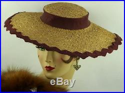 VINTAGE HAT 1940s MADAME PAULETTE WIDE BRIM TILT HAT, FINE STRAW & PLUM RIBBON