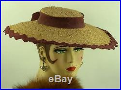 VINTAGE HAT 1940s MADAME PAULETTE WIDE BRIM TILT HAT, FINE STRAW & PLUM RIBBON