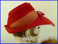 VINTAGE HAT 1940s STUNNING SCARLET RED FELT WIDE BRIM FEDORA, CASABLANCA EX COND