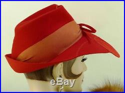 VINTAGE HAT 1940s STUNNING SCARLET RED FELT WIDE BRIM FEDORA, CASABLANCA EX COND