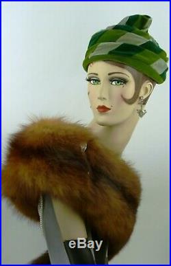VINTAGE HAT 1950s, AMY NY FOR MARSHALL FIELD, VELVET STRIPED PIXIE HAT w HAT PIN