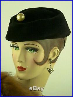 VINTAGE HAT 1950s FRENCH, BLACK VELOUR CAPLET, LADIES DAY HAT w ORIGINAL HAT PIN
