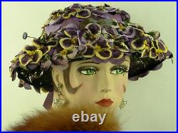 VINTAGE HAT 1950s,'Fishmans of Elizabeth', LILAC & YELLOW PANSIES, RIBBON & PIN