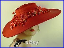 VINTAGE HAT 1950s SCARLET RED WIDE BRIM PICTURE HAT, WITH PRETTY FLORAL TRIM