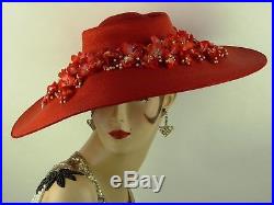 VINTAGE HAT 1950s SCARLET RED WIDE BRIM PICTURE HAT, WITH PRETTY FLORAL TRIM
