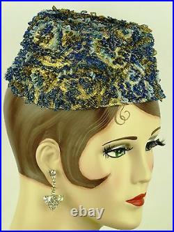 VINTAGE HAT 1960s, IRENE OF NEW YORK for SAKS FIFTH AVE, BEADED BROCADE PILLBOX