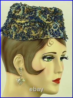 VINTAGE HAT 1960s, IRENE OF NEW YORK for SAKS FIFTH AVE, BEADED BROCADE PILLBOX