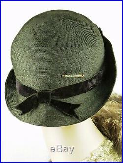 VINTAGE HAT FRENCH 1920s CLOCHE HAT, NAVY BLUE STRAW, VELVET FLOWERS & HATPIN