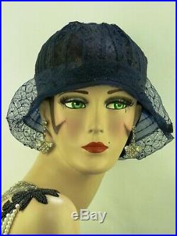 VINTAGE HAT, FRENCH 1920s CLOCHE, NAVY BLUE SISAL & LACE SPRING SUMMER PARTY HAT