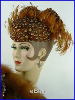 VINTAGE HAT JACK MCCONNELL, PHEASANT FEATHER HAT w WINGS & WISPS OF RHINESTONES