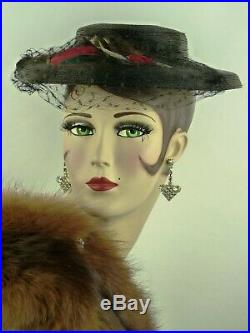 VINTAGE HAT ORIG. 1900s ENGLISH, BLACK VICTORIAN STRAW BOATER w FEATHER & VEIL
