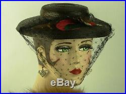 VINTAGE HAT ORIG. 1900s ENGLISH, BLACK VICTORIAN STRAW BOATER w FEATHER & VEIL