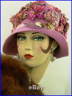 VINTAGE HAT ORIG 1920s CLOCHE PINK LILAC FELT w RIBBON WORK & MILLINERY FLOWERS