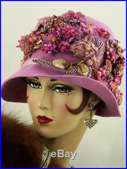 VINTAGE HAT ORIG 1920s CLOCHE PINK LILAC FELT w RIBBON WORK & MILLINERY FLOWERS