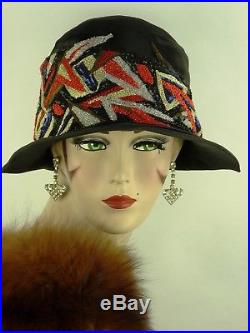 VINTAGE HAT ORIG 1920s FRENCH CLOCHE BLACK SATIN, STUNNING DECO BEADING & SEQUIN