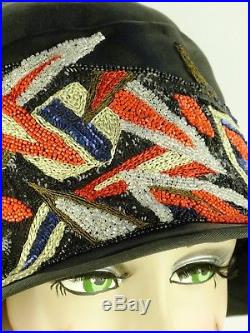 VINTAGE HAT ORIG 1920s FRENCH CLOCHE BLACK SATIN, STUNNING DECO BEADING & SEQUIN