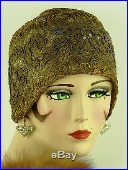 VINTAGE HAT ORIG 1920s HELMET CLOCHE SHIMMERING GOLD LACE, WITH BRAID & SOUTACHE
