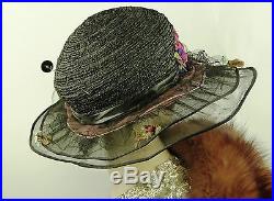 VINTAGE HAT ORIGINAL 1910s FRENCH, BICORN CLOCHE HAT, BLACK TULLE & RIBBON WORK