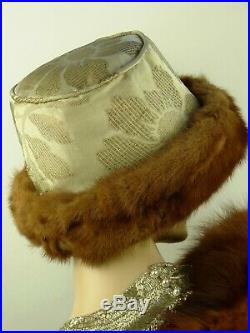 VINTAGE HAT ORIGINAL 1910s LAME BROCADE TOQUE FUR TRIMMED TITANIC CLOCHE HAT