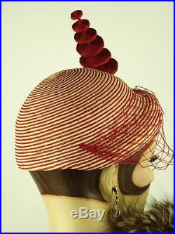 VINTAGE HAT PREVIEW LISTING IN PROGRESS 1930s VEILED SAILOR RED & WHITE STRIPE