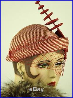 VINTAGE HAT PREVIEW LISTING IN PROGRESS 1930s VEILED SAILOR RED & WHITE STRIPE