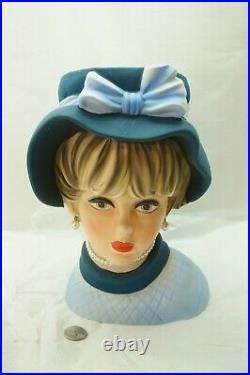 VINTAGE HEAD VASE LADY LARGE 10.5in TALL NAPCO C7493 BLUE HAT DRESS PEARLS 1960s