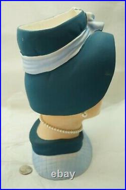 VINTAGE HEAD VASE LADY LARGE 10.5in TALL NAPCO C7493 BLUE HAT DRESS PEARLS 1960s