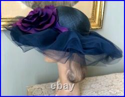 VINTAGE JACK MCCONNELL BLUE STRAW WIDE BRIM HAT With TULLE RUFFLES & CABBAGE ROSE