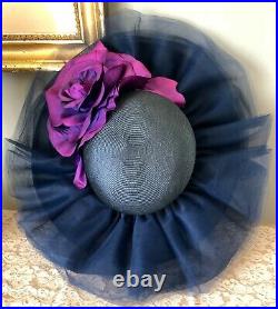 VINTAGE JACK MCCONNELL BLUE STRAW WIDE BRIM HAT With TULLE RUFFLES & CABBAGE ROSE