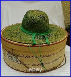 VINTAGE LADIES STRAW SUMMER HAT WITH GREEN RIBBON FROM SAKS & Original Sak's Box