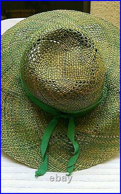 VINTAGE LADIES STRAW SUMMER HAT WITH GREEN RIBBON FROM SAKS & Original Sak's Box