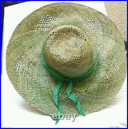 VINTAGE LADIES STRAW SUMMER HAT WITH GREEN RIBBON FROM SAKS & Original Sak's Box