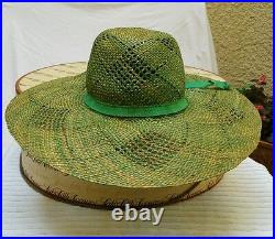 VINTAGE LADIES STRAW SUMMER HAT WITH GREEN RIBBON FROM SAKS & Original Sak's Box