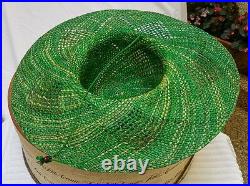 VINTAGE LADIES STRAW SUMMER HAT WITH GREEN RIBBON FROM SAKS & Original Sak's Box