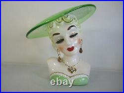 VINTAGE Rare LADY HEAD VASE WITH GLASS HAT HEART NECKLACE AND EARRINGS