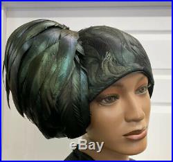 VINTAGE SCHIAPARELLI HAT Hollywood Flair Green Feathers With Box! Chapéu Museum