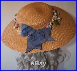 VINTAGE STRAW WOMEN'S HAT 1930's SUMMER WIDE BRIMMED VELVET FLOWERS TRIM