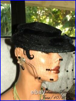 VINTAGE STUNNING 1940's BLACK Straw With FACE CAGE VEIL Sz M HAT