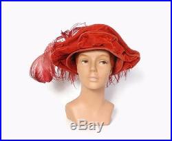 VTG 1910s EDWARDIAN Dramatic Dark Pink Velvet Tall Crown Plumed Feather Hat