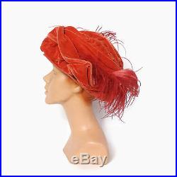 VTG 1910s EDWARDIAN Dramatic Dark Pink Velvet Tall Crown Plumed Feather Hat