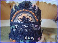 VTG 1920s Black Net & Soutache Cloche With Crewel Embroidery Small Size