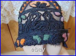 VTG 1920s Black Net & Soutache Cloche With Crewel Embroidery Small Size