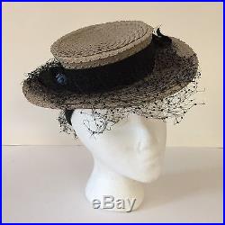 VTG 1940 Tuttle & Clark Detroit Paris Ladies Flat Top Straw Hat Size Blue Flower