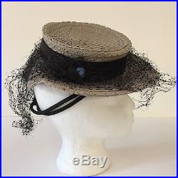 VTG 1940 Tuttle & Clark Detroit Paris Ladies Flat Top Straw Hat Size Blue Flower