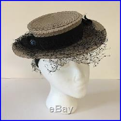 VTG 1940 Tuttle & Clark Ladies Hat Flat Top Sailor Straw Size 22.5 Blue Flower