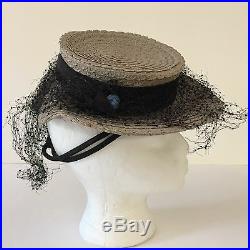 VTG 1940 Tuttle & Clark Ladies Hat Flat Top Sailor Straw Size 22.5 Blue Flower