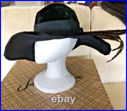 VTG 1950s Lady's I. J. Fisher Black Fur, ribbon, pheasant feathers, big brim Hat